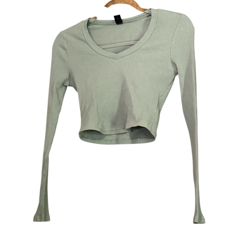 SHEIN Ribbed V-Neck Crop Top - Light Green